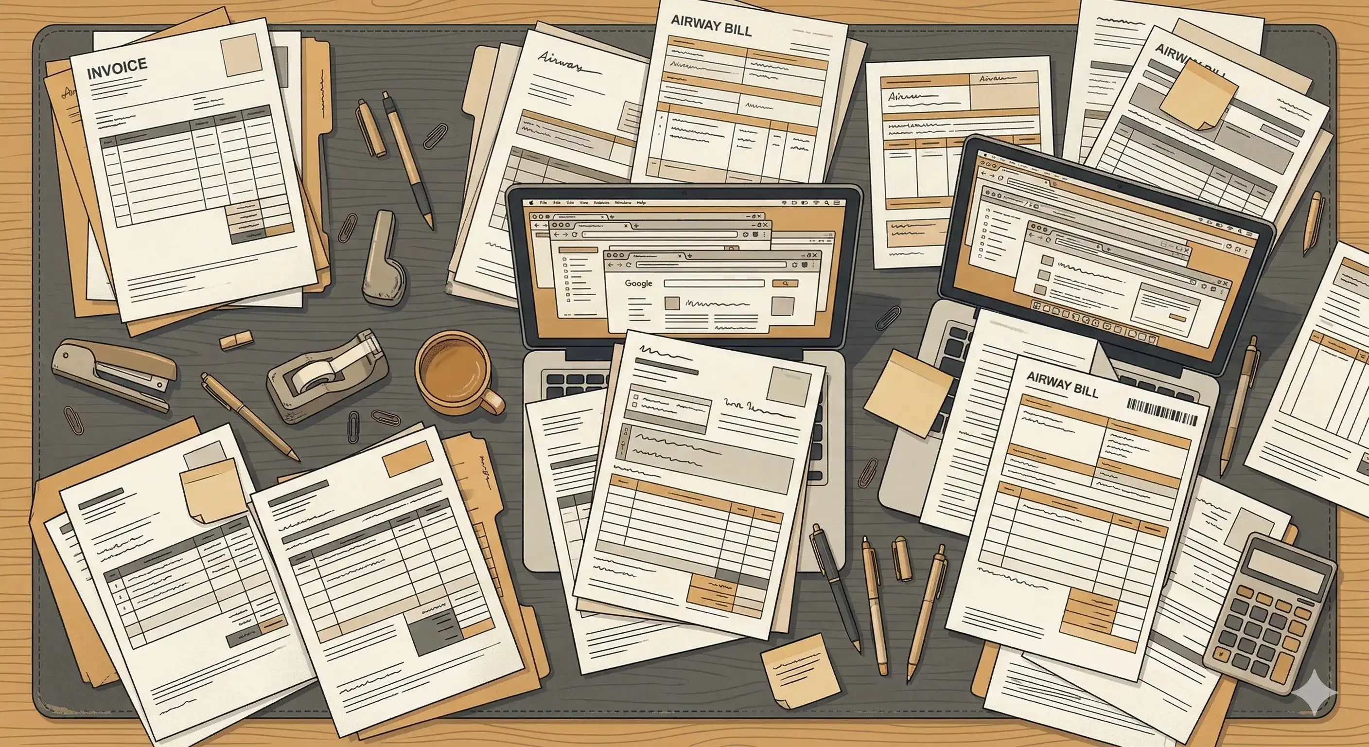 Manual freight document processing — invoices, airway bills, and packing lists scattered across a desk
