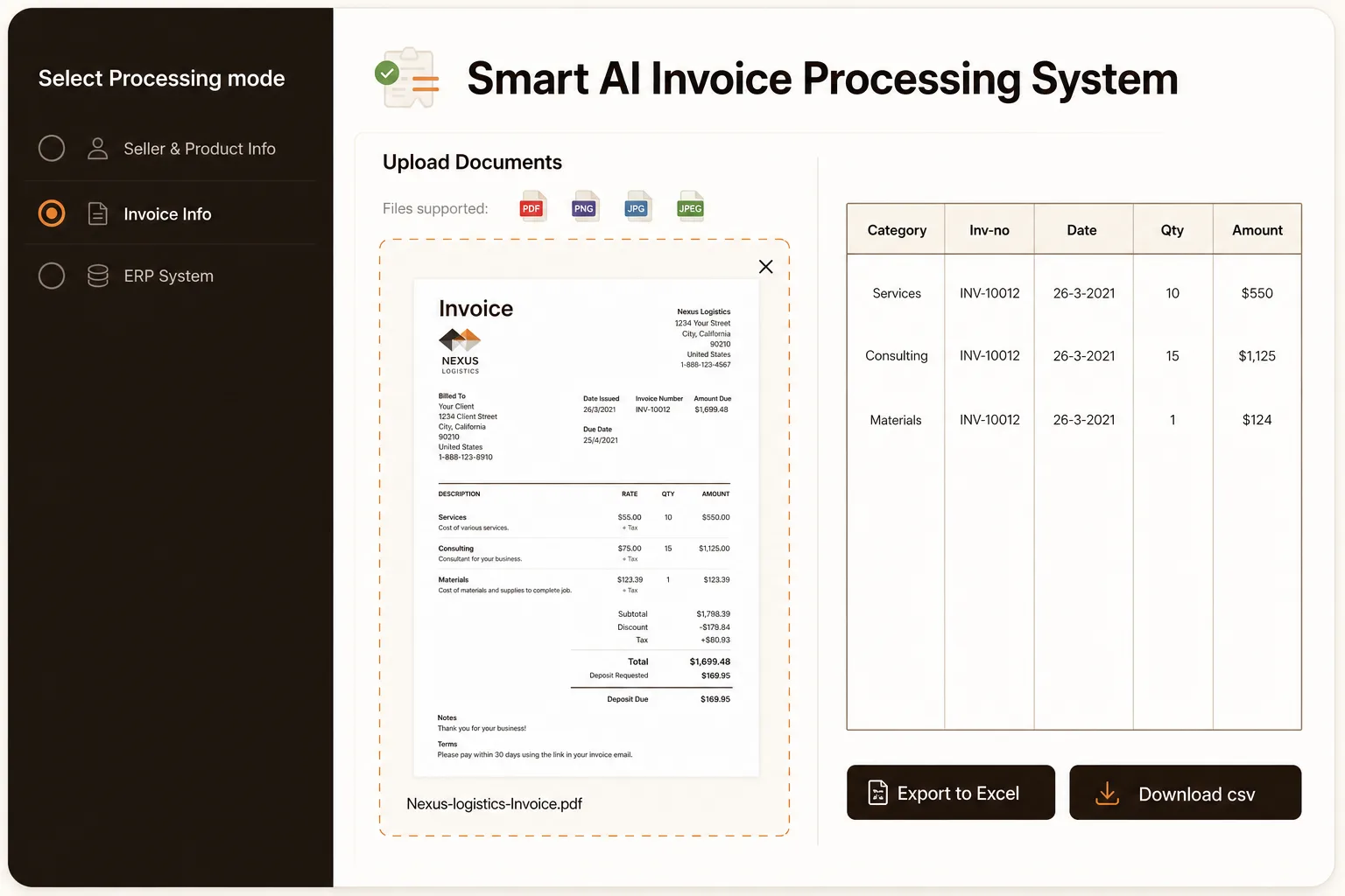 Smart AI invoice processing system with document upload, extracted invoice table, and export actions